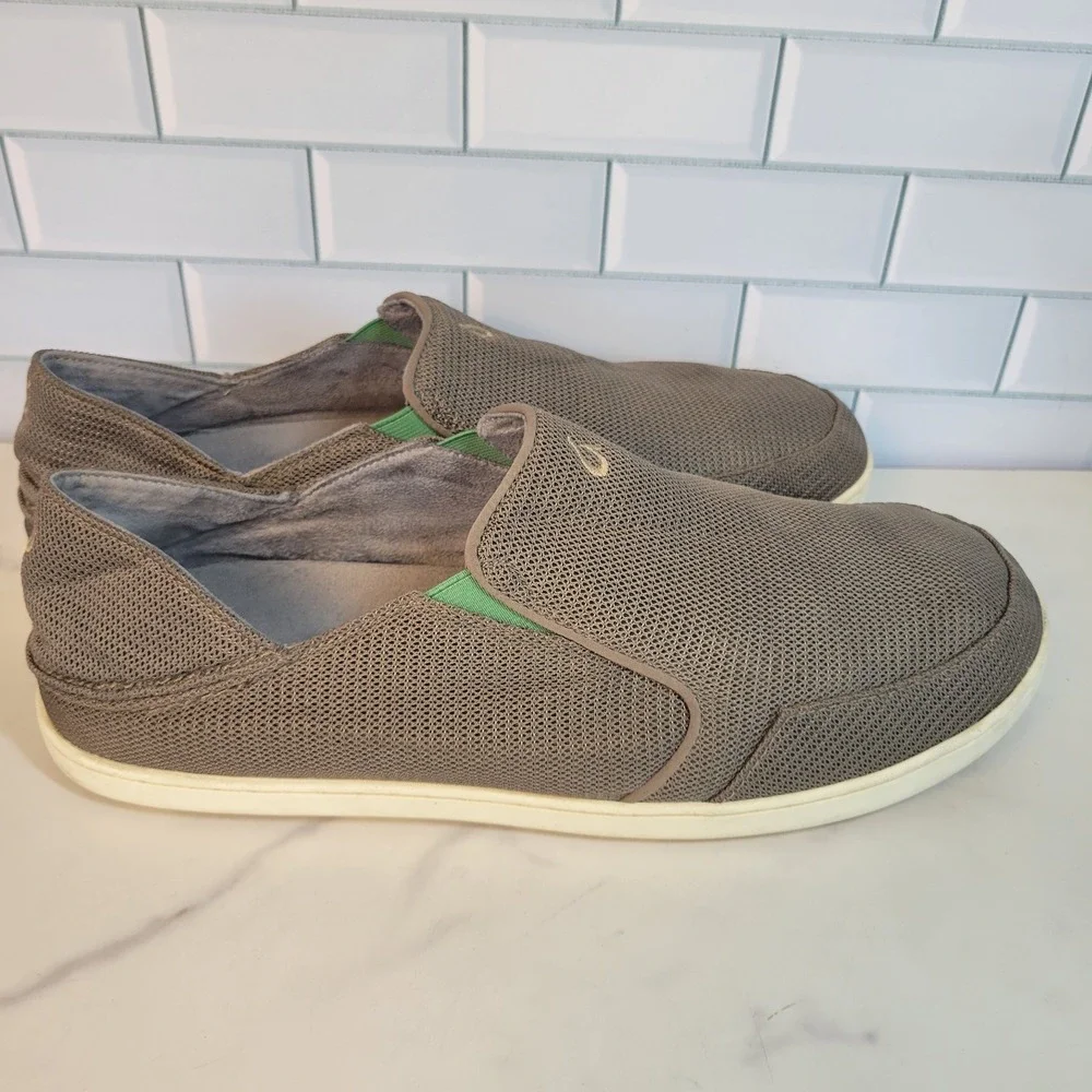 OluKai Nohea Mesh Mens Slip On Loafers Mustang Grey Brown 10188-13AP Size 14